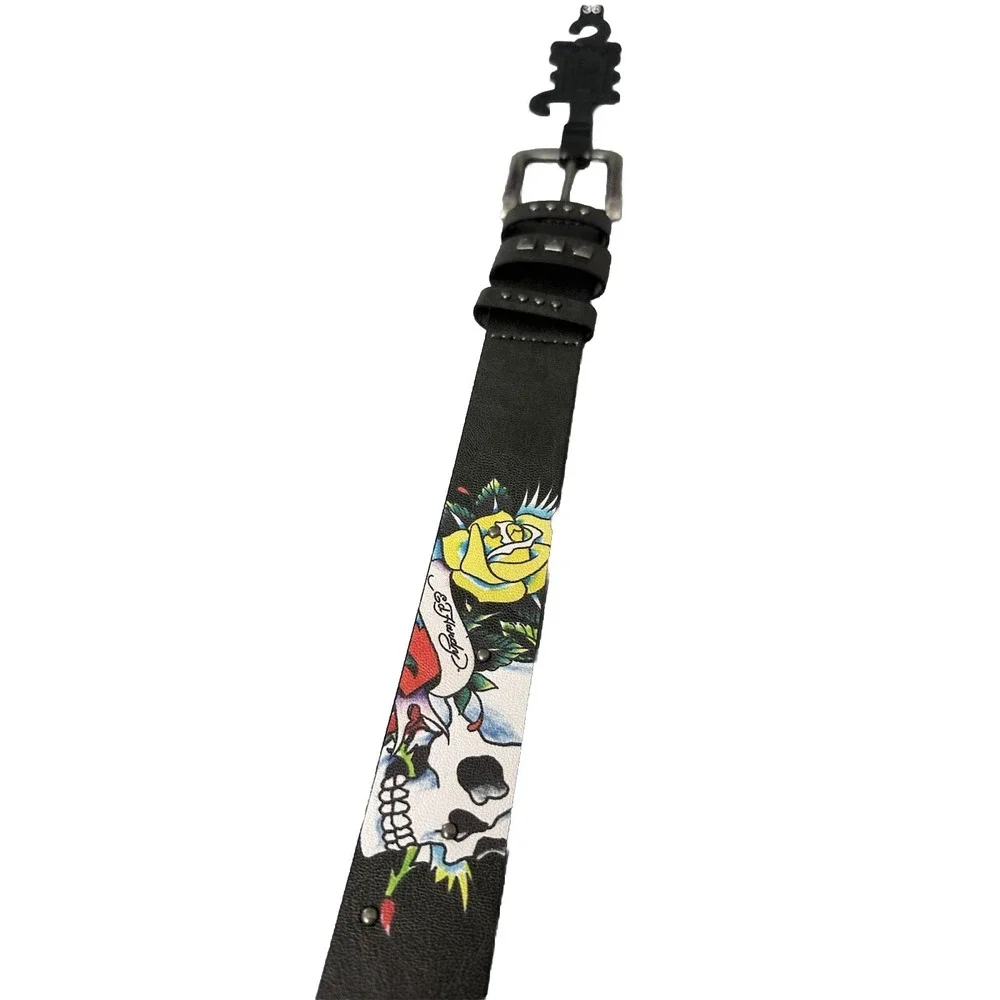 Ed Hardy Men's Skull Rose Print‎ Black Belt With Rivet Studs Size 38 New